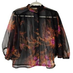1980s LA Chic California Sheer Chiffon Retro Floral Blouse Lightweight Button Up